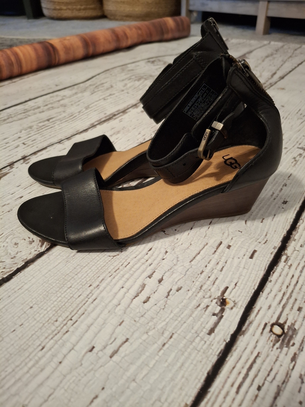 UGG Black Leather Ankle-Strap Wedge Sandals